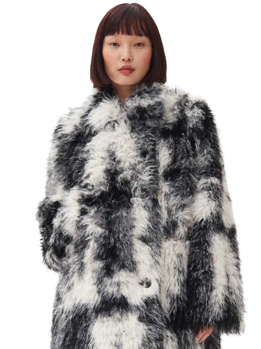 Ganni Black & White Faux Fur Long Coat - Picture 3 of 6